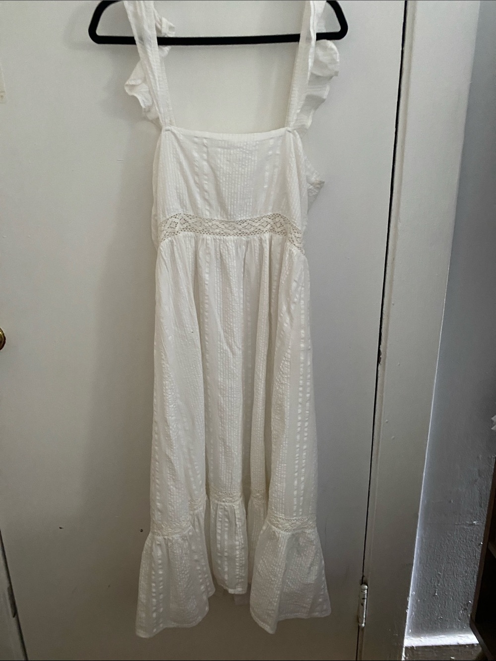 White Ruffle-Strap Maxi Dress with Lace Trim